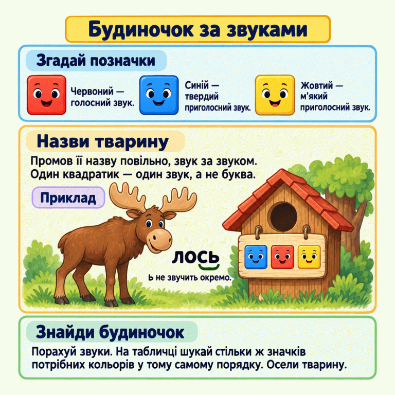 Картка пояснює значення трьох квадратних смайликів: червоний — голосний звук, синій — твердий приголосний, жовтий — м’який приголосний. У прикладі біля лося написано «лось», а на табличці будиночка стоять три значки: синій, червоний, жовтий. Кінцевий ь не має окремого значка. Будиночок за звуками Згадай позначки: Червоний — голосний звук. Синій — твердий приголосний звук. Жовтий — м’який приголосний звук. Назви тварину: Промов її назву повільно, звук за звуком. Один квадратик — один звук, а не буква. Знайди будиночок: Порахуй звуки. На табличці шукай стільки ж значків потрібних кольорів у тому самому порядку. Осели тварину. Приклад лось ь не звучить окремо.