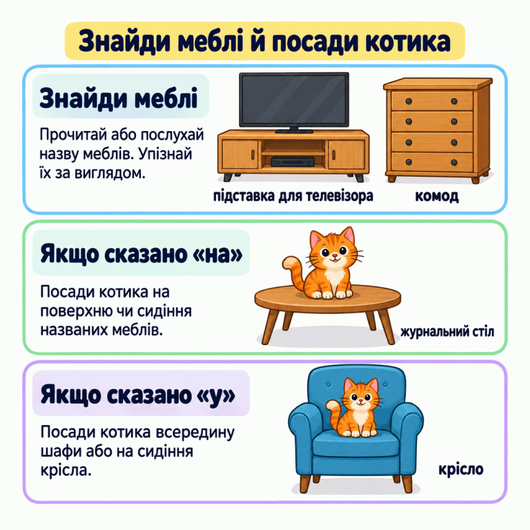 Картка спершу показує підписані підставку для телевізора й комод. Далі в окремих прикладах котик сидить на журнальному столі за словом «на» та на сидінні крісла між підлокітниками за словом «у». Текст уточнює: «у шафу» означає всередину. Знайди меблі й посади котика Знайди меблі: Прочитай або послухай назву меблів. Упізнай їх за виглядом. Якщо сказано «на»: Посади котика на поверхню чи сидіння названих меблів. Якщо сказано «у»: Посади котика всередину шафи або на сидіння крісла. підставка для телевізора комод журнальний стіл крісло