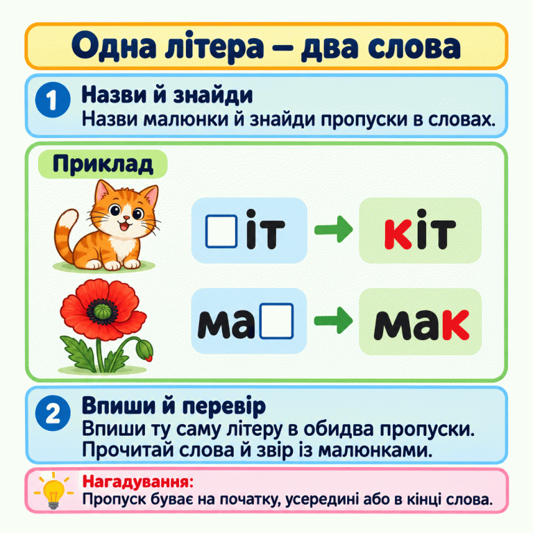 Пам’ятка про спільну пропущену літеру. У прикладі біля кота «□іт» доповнюється до «кіт», а біля квітки маку «ма□» — до «мак». В обох словах бракувало літери «к», але пропуски були в різних місцях. Пропуск також може бути усередині слова. Одна літера — два слова Назви й знайди: Назви малюнки й знайди пропуски в словах. Впиши й перевір: Впиши ту саму літеру в обидва пропуски. Прочитай слова й звір із малюнками. Пропуск буває на початку, усередині або в кінці слова. Приклад □іт кіт ма□ мак 1 2 Нагадування: