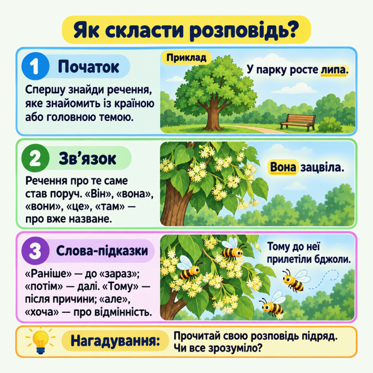 Підказка про порядок речень: спочатку знайди тему, далі пов’язуй речення про неї та перевіряй слова про час, причину й відмінність. У прикладі липа росте в парку, зацвітає, і до її квітів прилітають бджоли. «Вона» означає липу, а «тому» пов’язує цвітіння з прильотом бджіл. Як скласти розповідь? Початок: Спершу знайди речення, яке знайомить із країною або головною темою. Зв’язок: Речення про те саме став поруч. «Він», «вона», «вони», «це», «там» — про вже назване. Слова-підказки: «Раніше» — до «зараз»; «потім» — далі. «Тому» — після причини; «але», «хоча» — про відмінність. Прочитай свою розповідь підряд. Чи все зрозуміло? Приклад У парку росте липа. Вона зацвіла. Тому до неї прилетіли бджоли. 1 2 3 Нагадування: