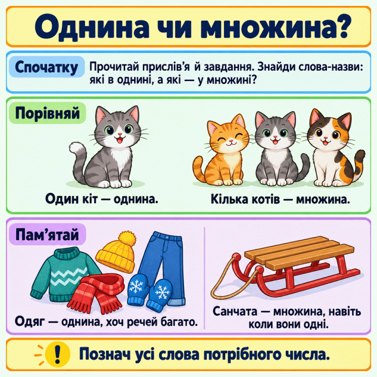 Один кіт — однина, кілька котів — множина. Багато речей можна назвати словом «одяг» в однині, а одні санчата — словом «санчата» у множині. Однина чи множина? Спочатку: Прочитай прислів’я й завдання. Знайди слова-назви: які в однині, а які — у множині? Порівняй: Один кіт — однина. Кілька котів — множина. Пам’ятай: Одяг — однина, хоч речей багато. Санчата — множина, навіть коли вони одні. Познач усі слова потрібного числа. !