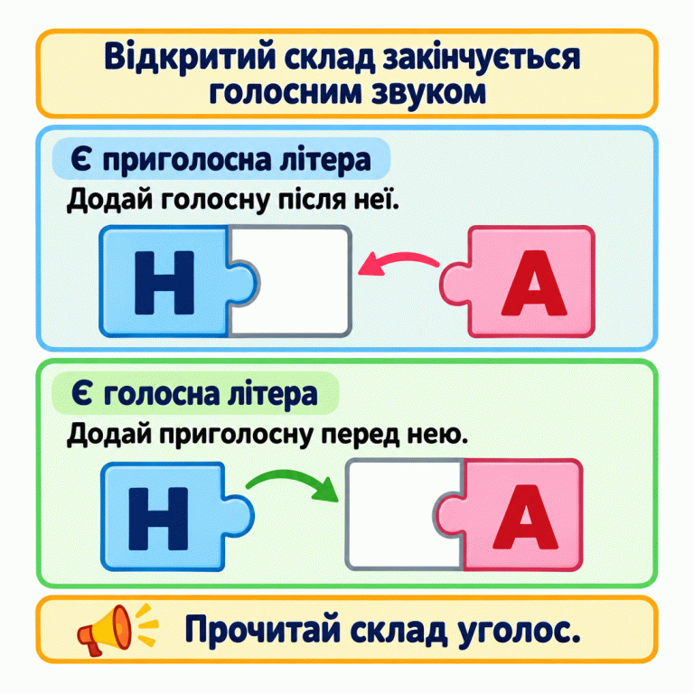 Два навчальні пазли з літерами «Н» і «А». Спочатку до «Н» ліворуч додають «А» праворуч. Потім до «А» праворуч додають «Н» ліворуч. В обох випадках після з’єднання читаємо склад «НА» з голосною наприкінці. Відкритий склад закінчується голосним звуком Є приголосна літера: Додай голосну після неї. Є голосна літера: Додай приголосну перед нею. Прочитай склад уголос. Н А