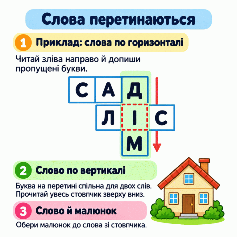 Навчальний приклад кросворда: по горизонталі «САД» і «ЛІС»; буква «І» доповнює перетин. У стовпчику згори вниз читається «ДІМ», зокрема окрема нижня «М». Поруч — малюнок будинку. Слова перетинаються Приклад: слова по горизонталі: Читай зліва направо й допиши пропущені букви. Слово по вертикалі: Буква на перетині спільна для двох слів. Прочитай увесь стовпчик зверху вниз. Слово й малюнок: Обери малюнок до слова зі стовпчика. С А Д Л І М 1 2 3
