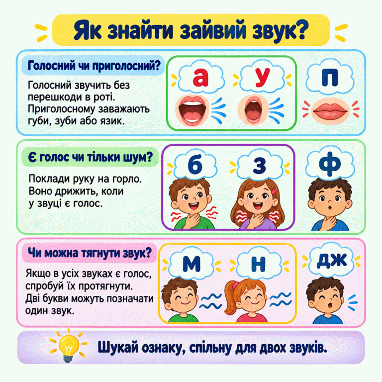 Картка пояснює, як знайти зайвий звук. Три приклади показують різницю між голосними й приголосними, приголосними з голосом і без нього, а також звуками, які можна тягнути, і коротким звуком. Як знайти зайвий звук? Голосний чи приголосний?: Голосний звучить без перешкоди в роті. Приголосному заважають губи, зуби або язик. Є голос чи тільки шум?: Поклади руку на горло. Воно дрижить, коли у звуці є голос. Чи можна тягнути звук?: Якщо в усіх звуках є голос, спробуй їх протягнути. Дві букви можуть позначати один звук. Шукай ознаку, спільну для двох звуків. а у п б з ф м н дж