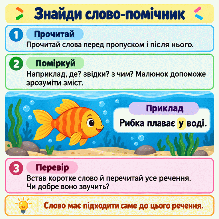 Картка радить прочитати слова навколо пропуску, скористатися змістом і малюнком та перевірити речення. У прикладі рибка повністю плаває у воді; поряд речення «Рибка плаває у воді.» з виділеним словом «у». Знайди слово-помічник Прочитай: Прочитай слова перед пропуском і після нього. Поміркуй: Наприклад, де? звідки? з чим? Малюнок допоможе зрозуміти зміст. Перевір: Встав коротке слово й перечитай усе речення. Чи добре воно звучить? Слово має підходити саме до цього речення. Приклад Рибка плаває у воді. 1 2 3