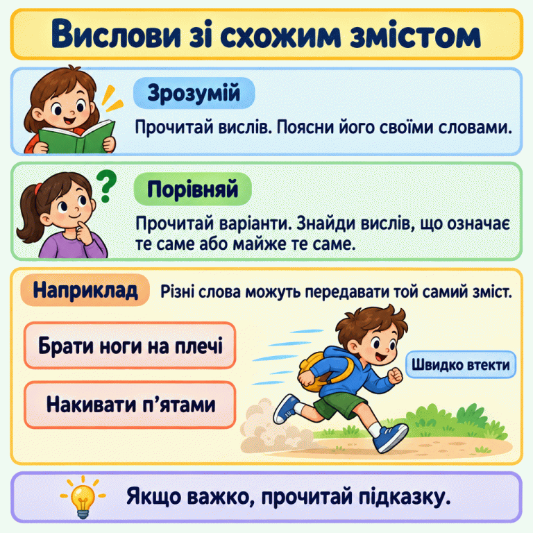 Картка радить пояснити цілий вислів і порівняти значення варіантів. У прикладі «Брати ноги на плечі» та «Накивати п’ятами» означають швидко втекти. Дитина біжить геть. Вислови зі схожим змістом Зрозумій: Прочитай вислів. Поясни його своїми словами. Порівняй: Прочитай варіанти. Знайди вислів, що означає те саме або майже те саме. Наприклад: Різні слова можуть передавати той самий зміст. Якщо важко, прочитай підказку. Брати ноги на плечі Накивати п’ятами Швидко втекти ?