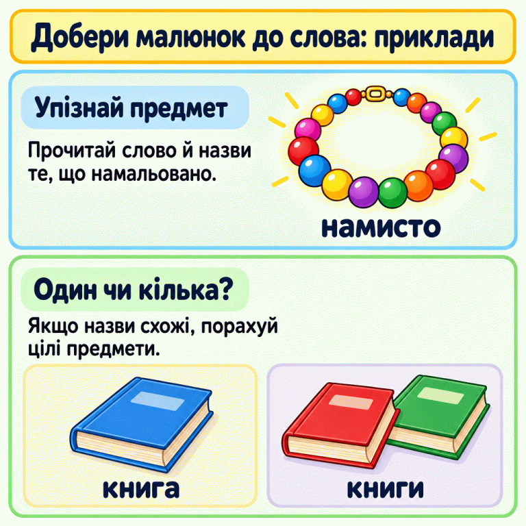 Приклади добору малюнка до слова: ціле намисто підписане «намисто», одна книга — «книга», кілька окремих книг — «книги». Спочатку впізнай предмет, а коли потрібно — перевір його кількість. Добери малюнок до слова: приклади Упізнай предмет: Прочитай слово й назви те, що намальовано. Один чи кілька?: Якщо назви схожі, порахуй цілі предмети. намисто книга книги