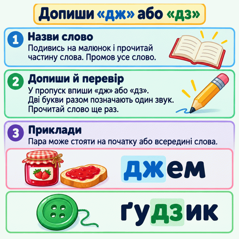 Картка пропонує назвати малюнок, прочитати частину слова та вписати «дж» або «дз» — дві букви, що разом позначають один звук. У слові «джем» виділено початкове «дж», а в слові «ґудзик» — «дз» усередині слова. Допиши «дж» або «дз» Назви слово: Подивись на малюнок і прочитай частину слова. Промов усе слово. Допиши й перевір: У пропуск впиши «дж» або «дз». Дві букви разом позначають один звук. Прочитай слово ще раз. Приклади: Пара може стояти на початку або всередині слова. джем ґудзик 1 2 3