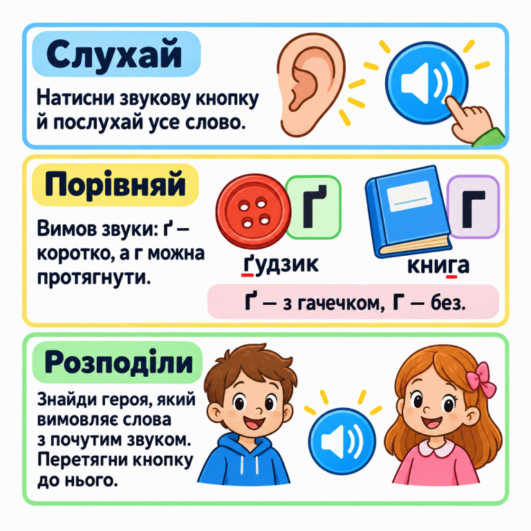 Три кроки: послухати все слово, порівняти звуки й розподілити кнопку. Ґудзик зі знаком Ґ та книга зі знаком Г показують відповідні літери. Унизу звукова кнопка ще не належить жодному з двох героїв. Слухай: Натисни звукову кнопку й послухай усе слово. Порівняй: Вимов звуки: ґ — коротко, а г можна протягнути. Розподіли: Знайди героя, який вимовляє слова з почутим звуком. Перетягни кнопку до нього. Ґ — з гачечком, Г — без. Ґ ґудзик Г книга