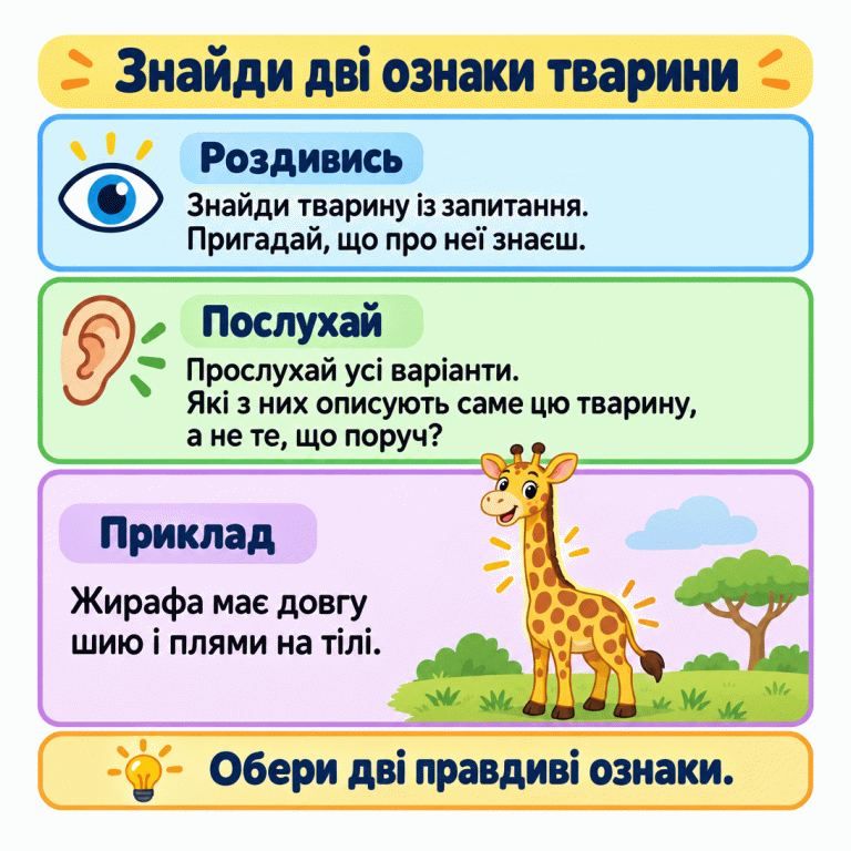 Картка радить знайти потрібну тварину, прослухати всі варіанти й обрати дві правдиві ознаки саме її. Окремий приклад показує жирафу з довгою шиєю та плямами. Знайди дві ознаки тварини Роздивись: Знайди тварину із запитання. Пригадай, що про неї знаєш. Послухай: Прослухай усі варіанти. Які з них описують саме цю тварину, а не те, що поруч? Приклад: Жирафа має довгу шию і плями на тілі. Обери дві правдиві ознаки.