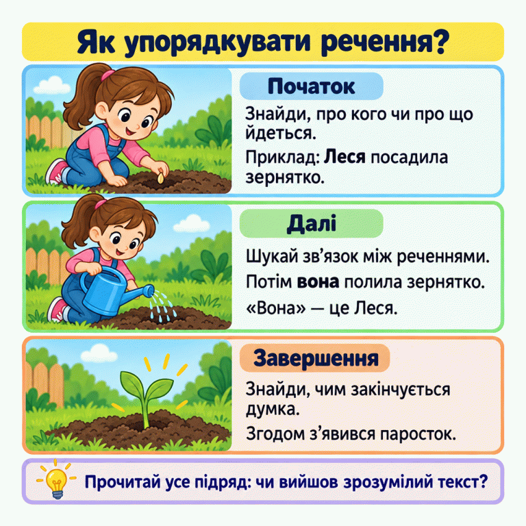 Картка показує один приклад: Леся садить зернятко, потім поливає місце посадки, а згодом там з’являється паросток. Поруч пояснено, як знайти початок, зв’язок між реченнями та завершення. Як упорядкувати речення? Початок: Знайди, про кого чи про що йдеться. Приклад: Леся посадила зернятко. Далі: Шукай зв’язок між реченнями. Потім вона полила зернятко. «Вона» — це Леся. Завершення: Знайди, чим закінчується думка. Згодом з’явився паросток. Прочитай усе підряд: чи вийшов зрозумілий текст?
