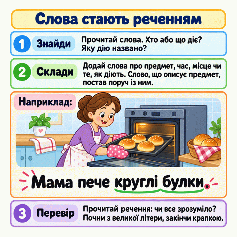 Мама пече кілька круглих булок у духовці. Під малюнком речення: «Мама пече круглі булки.» Слово «круглі» стоїть поряд із «булки», речення починається з великої літери й закінчується крапкою. Слова стають реченням Знайди: Прочитай слова. Хто або що діє? Яку дію названо? Склади: Додай слова про предмет, час, місце чи те, як діють. Слово, що описує предмет, постав поруч із ним. Перевір: Прочитай речення: чи все зрозуміло? Почни з великої літери, закінчи крапкою. Наприклад: Мама пече круглі булки. 1 2 3
