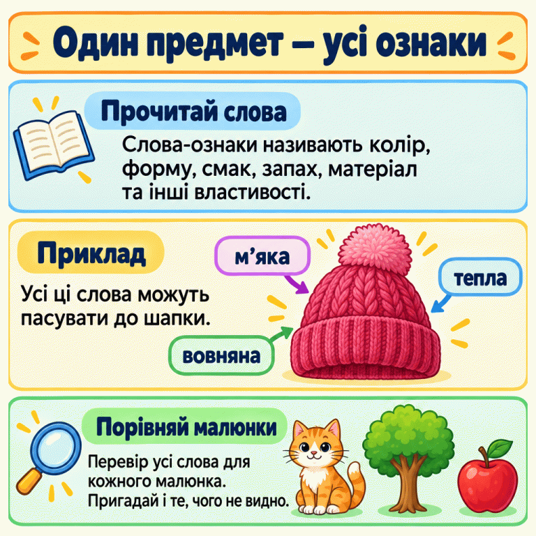 Картка пояснює, як перевіряти всі слова-ознаки для кожного малюнка. У прикладі слова «м’яка», «вовняна», «тепла» описують одну в’язану шапку. Один предмет — усі ознаки Прочитай слова: Слова-ознаки називають колір, форму, смак, запах, матеріал та інші властивості. Приклад: Усі ці слова можуть пасувати до шапки. Порівняй малюнки: Перевір усі слова для кожного малюнка. Пригадай і те, чого не видно. м’яка вовняна тепла