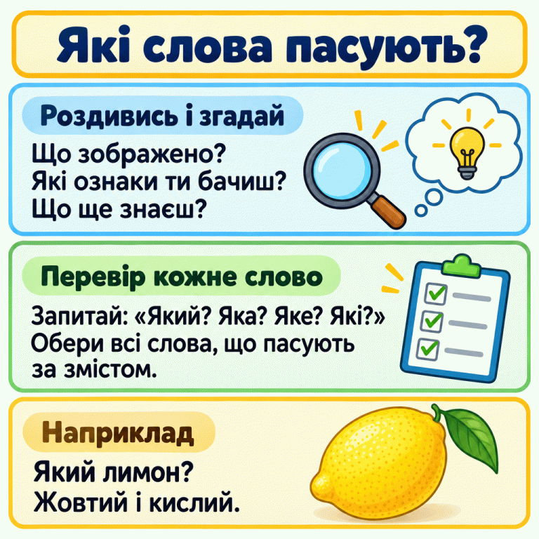 Картка вчить роздивлятися зображене, пригадувати його ознаки й перевіряти кожне слово за змістом. У прикладі намальовано жовтий лимон: про нього можна сказати «жовтий» і «кислий». Які слова пасують? Роздивись і згадай: Що зображено? Які ознаки ти бачиш? Що ще знаєш? Перевір кожне слово: Запитай: «Який? Яка? Яке? Які?» Обери всі слова, що пасують за змістом. Наприклад: Який лимон? Жовтий і кислий.