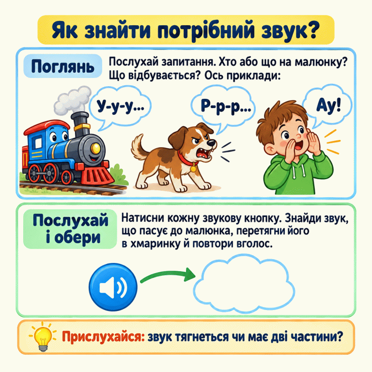 Картка пояснює, як знайти звук до малюнка. У трьох навчальних прикладах паротяг гуде «У-у-у…», собака гарчить «Р-р-р…», а дитина гукає «Ау!». Далі картка радить прослухати звукові кнопки, перенести відповідний запис у хмаринку й повторити його вголос. Як знайти потрібний звук? Поглянь: Послухай запитання. Хто або що на малюнку? Що відбувається? Ось приклади: Послухай і обери: Натисни кожну звукову кнопку. Знайди звук, що пасує до малюнка, перетягни його в хмаринку й повтори вголос. Прислухайся: звук тягнеться чи має дві частини? У-у-у… Р-р-р… Ау!