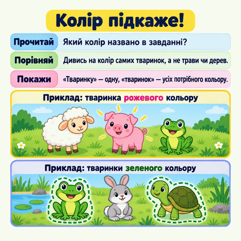 Картка вчить прочитати назву кольору, дивитися на забарвлення тварин і показувати одну або всіх відповідних тваринок. В одному навчальному прикладі є одна рожева тваринка, в іншому — дві зелені. Колір підкаже! Прочитай: Який колір названо в завданні? Порівняй: Дивись на колір самих тваринок, а не трави чи дерев. Покажи: «Тваринку» — одну, «тваринок» — усіх потрібного кольору. Приклад: тваринка рожевого кольору Приклад: тваринки зеленого кольору