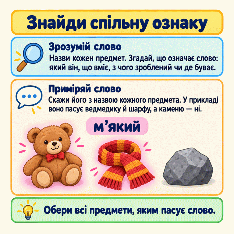 Картка вчить перевіряти, чи пасує слово-ознака кожному предмету. У прикладі слово «м’який» пасує плюшевому ведмедику й в’язаному шарфу, але не каменю. Знайди спільну ознаку Зрозумій слово: Назви кожен предмет. Згадай, що означає слово: який він, що вміє, з чого зроблений чи де буває. Приміряй слово: Скажи його з назвою кожного предмета. У прикладі воно пасує ведмедику й шарфу, а каменю — ні. Обери всі предмети, яким пасує слово. м’який