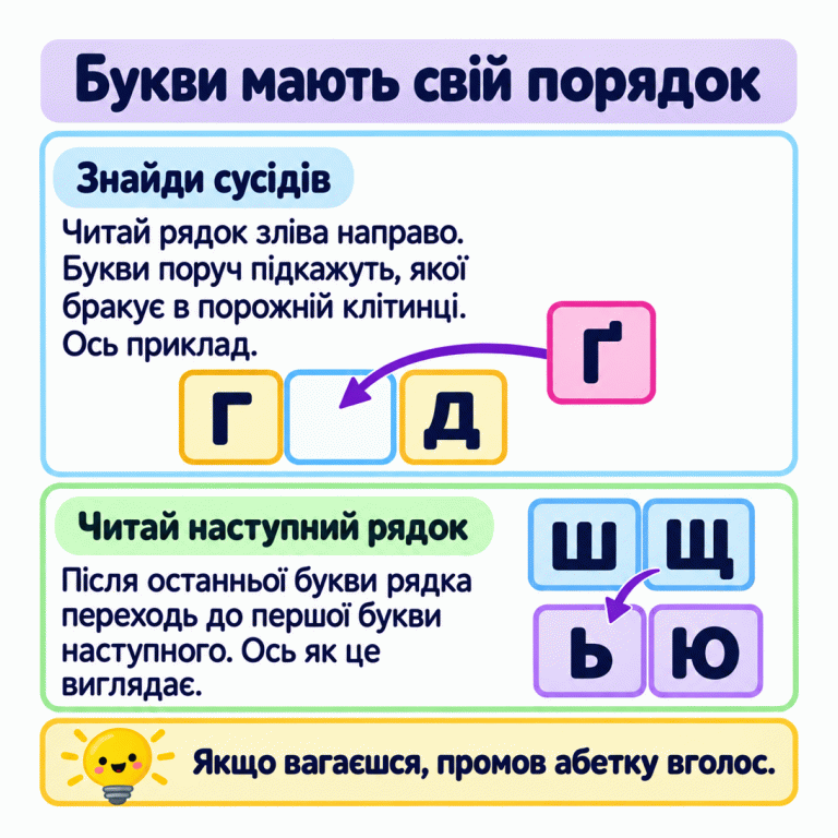 Спочатку Г, порожня клітинка, Д; окрему Ґ стрілка спрямовує в пропуск. Нижче рядок закінчується буквами Ш, Щ, а наступний починається буквами Ь, Ю. Після Щ читають Ь. Букви мають свій порядок Знайди сусідів: Читай рядок зліва направо. Букви поруч підкажуть, якої бракує в порожній клітинці. Ось приклад. Читай наступний рядок: Після останньої букви рядка переходь до першої букви наступного. Ось як це виглядає. Якщо вагаєшся, промов абетку вголос. Г Ґ Д Ш Щ Ь Ю