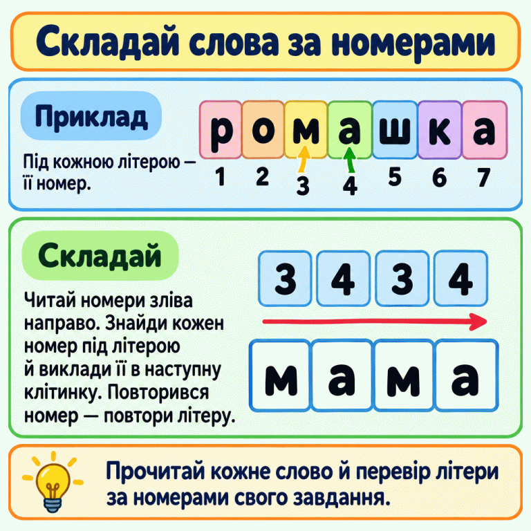Картка «Складай слова за номерами». У прикладі під літерами слова «ромашка» стоять номери від 1 до 7. Код «3 4 3 4» дає слово «мама» у чотирьох клітинках. У своєму завданні читай номери зліва направо, бери літеру над кожним номером і повторюй її, якщо номер повторився. Складай слова за номерами Приклад: Під кожною літерою — її номер. Складай: Читай номери зліва направо. Знайди кожен номер під літерою й виклади її в наступну клітинку. Повторився номер — повтори літеру. Прочитай кожне слово й перевір літери за номерами свого завдання. ромашка 1 2 3 4 5 6 7 3 4 3 4 мама