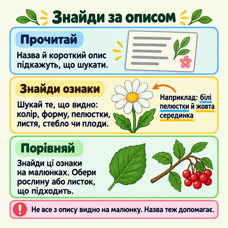 Картка пояснює: прочитай назву й опис, знайди ознаки, які видно, та порівняй їх із малюнками. Біля слів про білі пелюстки й жовту серединку зображена квітка з такими ознаками. Окремо показані листок і гілочка з плодами. Не все з опису можна побачити на малюнку. Знайди за описом Прочитай: Назва й короткий опис підкажуть, що шукати. Знайди ознаки: Шукай те, що видно: колір, форму, пелюстки, листя, стебло чи плоди. Порівняй: Знайди ці ознаки на малюнках. Обери рослину або листок, що підходить. Не все з опису видно на малюнку. Назва теж допомагає. Наприклад: білі пелюстки й жовта серединка !
