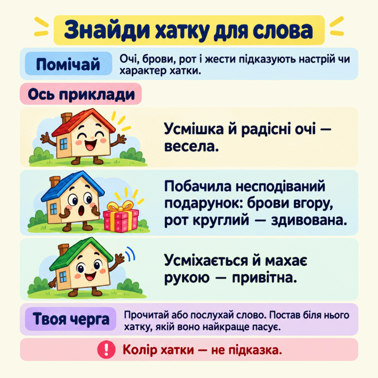 Три приклади зі словами-ознаками: хатка з радісними очима й усмішкою — «весела»; хатка дивується несподіваному подарунку — «здивована»; хатка усміхається та вітається помахом руки — «привітна». Написи нагадують добирати хатку до значення слова, а не до кольору. Знайди хатку для слова Помічай: Очі, брови, рот і жести підказують настрій чи характер хатки. Ось приклади: Усмішка й радісні очі — весела. Побачила несподіваний подарунок: брови вгору, рот круглий — здивована. Усміхається й махає рукою — привітна. Твоя черга: Прочитай або послухай слово. Постав біля нього хатку, якій воно найкраще пасує. Колір хатки — не підказка. !