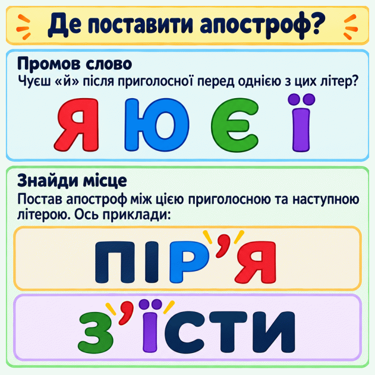 Промов слово. Якщо після приголосної перед Я, Ю, Є або Ї чуєш «й», постав апостроф між буквами. Приклади: ПІР’Я — після Р; З’ЇСТИ — після З. Де поставити апостроф? Промов слово: Чуєш «й» після приголосної перед однією з цих літер? Знайди місце: Постав апостроф між цією приголосною та наступною літерою. Ось приклади: Я Ю Є Ї ПІР’Я З’ЇСТИ