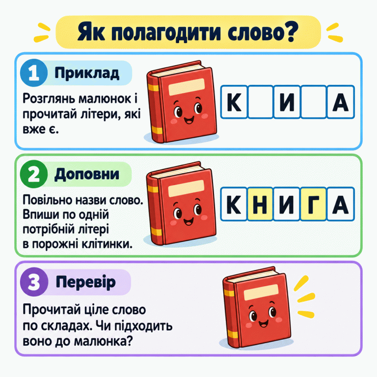 Навчальний приклад із книжкою: спочатку клітинки «К, пропуск, И, пропуск, А», нижче — заповнені клітинки зі словом «КНИГА». Поради пропонують розглянути малюнок, доповнити слово й перечитати його. Як полагодити слово? Приклад: Розглянь малюнок і прочитай літери, які вже є. Доповни: Повільно назви слово. Впиши по одній потрібній літері в порожні клітинки. Перевір: Прочитай ціле слово по складах. Чи підходить воно до малюнка? К Н И Г А 1 2 3