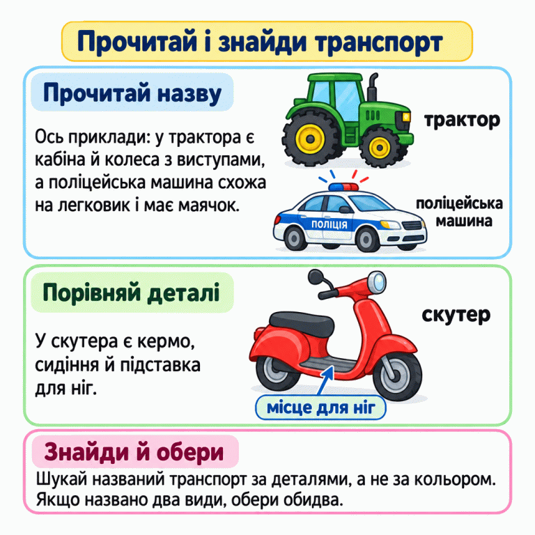 Картка вчить читати назву й порівнювати деталі транспорту. Окремо показані трактор із кабіною, поліцейська машина з маячком та скутер із кермом, сидінням і підставкою, позначеною «місце для ніг». Якщо названо два види транспорту, потрібно знайти обидва. Прочитай і знайди транспорт Прочитай назву: Ось приклади: у трактора є кабіна й колеса з виступами, а поліцейська машина схожа на легковик і має маячок. Порівняй деталі: У скутера є кермо, сидіння й підставка для ніг. Знайди й обери: Шукай названий транспорт за деталями, а не за кольором. Якщо названо два види, обери обидва. трактор поліцейська машина скутер місце для ніг ПОЛІЦІЯ
