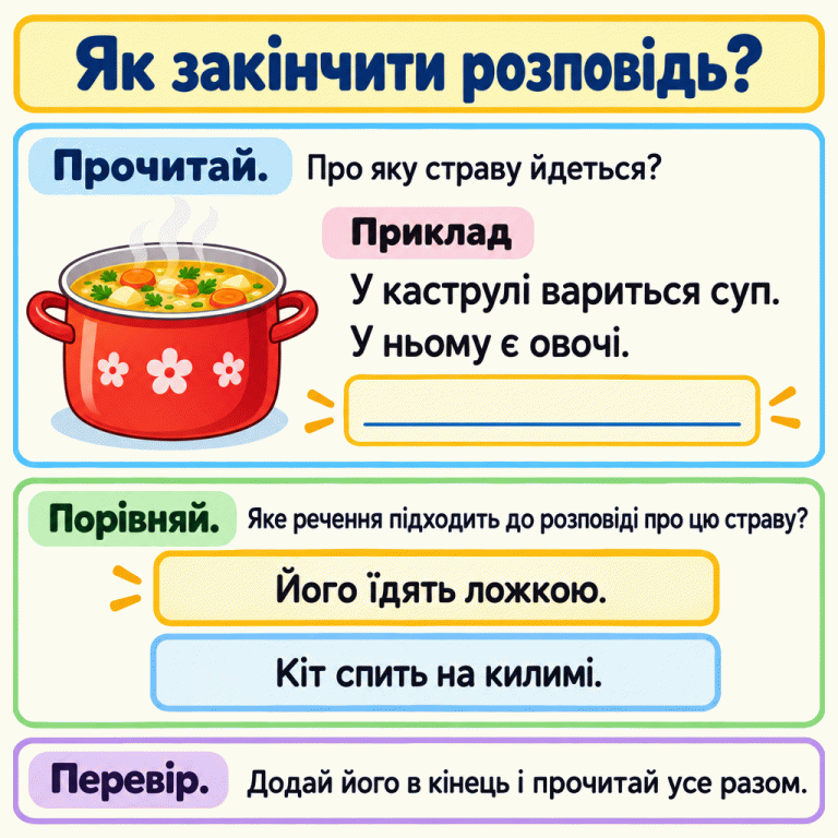 У прикладі поруч із каструлею супу два речення про страву та порожнє місце наприкінці. Із двох варіантів виділено «Його їдять ложкою.», бо це речення продовжує розповідь про суп. Картка радить прочитати текст, порівняти речення й перевірити закінчення. Як закінчити розповідь? Прочитай.: Про яку страву йдеться? Порівняй.: Яке речення підходить до розповіді про цю страву? Перевір.: Додай його в кінець і прочитай усе разом. Приклад У каструлі вариться суп. У ньому є овочі. Його їдять ложкою. Кіт спить на килимі.