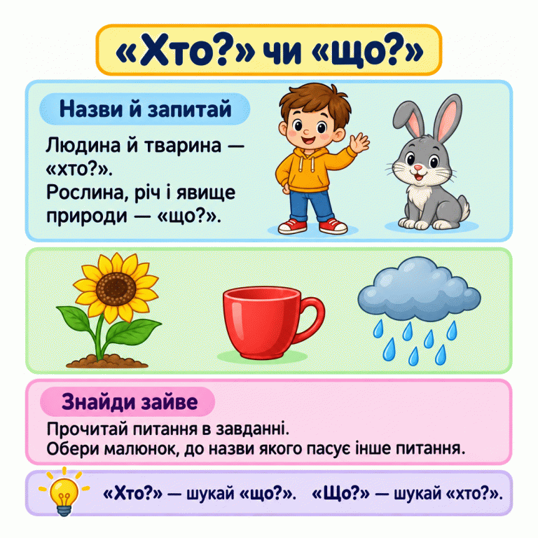 Дитина й заєць — приклади назв на питання «хто?»; рослина, чашка й дощ — на «що?». Зайвим є малюнок, до назви якого пасує інше питання, ніж у завданні. «Хто?» чи «що?» Назви й запитай: Людина й тварина — «хто?». Рослина, річ і явище природи — «що?». Знайди зайве: Прочитай питання в завданні. Обери малюнок, до назви якого пасує інше питання. «Хто?» — шукай «що?». «Що?» — шукай «хто?».