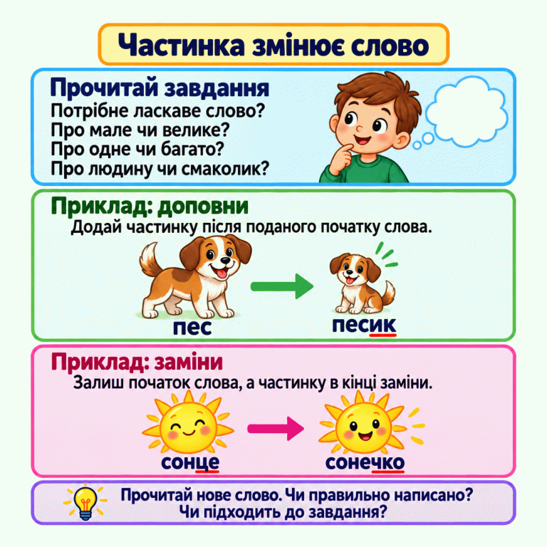 Картка пояснює, як прочитати мету завдання, доповнити або змінити частинку слова й перевірити результат. Великий пес і менший песик супроводжують приклад «пес» — «песик»; два зображення сонця — приклад «сонце» — «сонечко». Підкреслено частинки, які додали або замінили. Частинка змінює слово Прочитай завдання: Потрібне ласкаве слово? Про мале чи велике? Про одне чи багато? Про людину чи смаколик? Приклад: доповни: Додай частинку після поданого початку слова. Приклад: заміни: Залиш початок слова, а частинку в кінці заміни. Прочитай нове слово. Чи правильно написано? Чи підходить до завдання? пес песик сонце сонечко