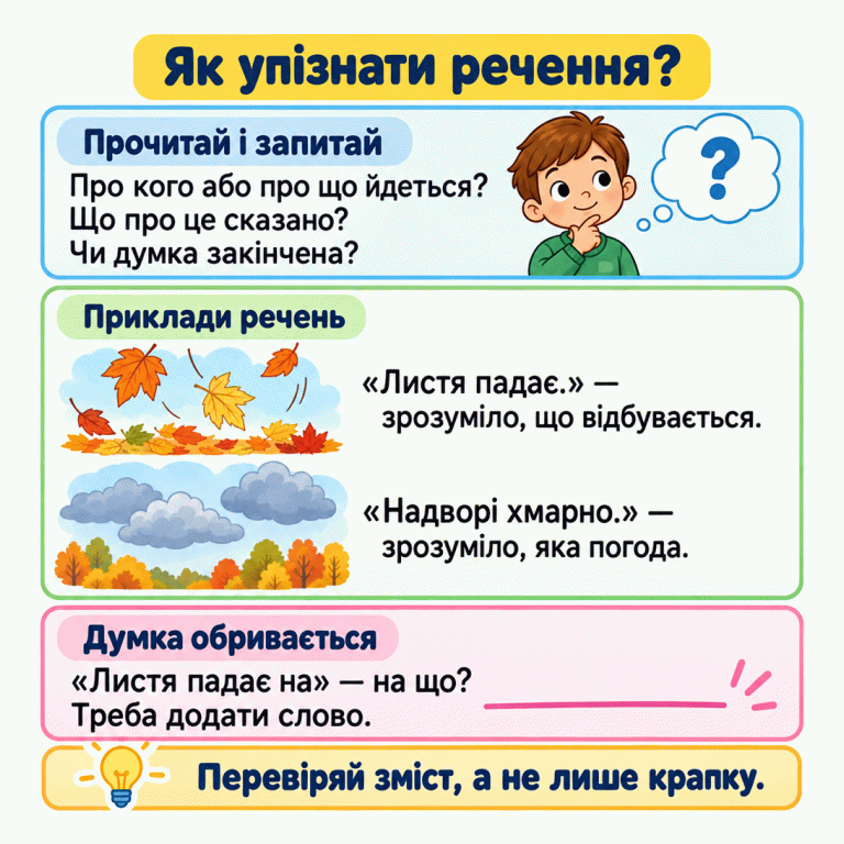 Картка радить прочитати запис і перевірити, чи думка закінчена. Листя, що падає, і хмарна погода супроводжують два приклади речень: «Листя падає.» та «Надворі хмарно.». Другий приклад повідомляє про стан без слова-дії. Запис «Листя падає на» обривається: на що падає листя? Самої крапки недостатньо, щоб визначити речення. Як упізнати речення? Прочитай і запитай: Про кого або про що йдеться? Що про це сказано? Чи думка закінчена? Приклади речень: «Листя падає.» — зрозуміло, що відбувається. «Надворі хмарно.» — зрозуміло, яка погода. Думка обривається: «Листя падає на» — на що? Треба додати слово. Перевіряй зміст, а не лише крапку. ?