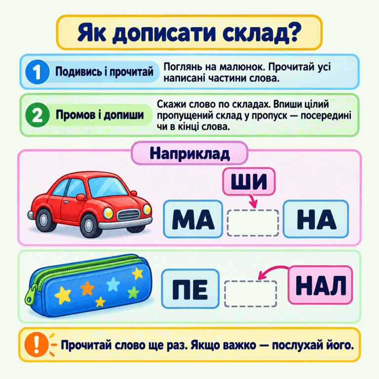 Картка пояснює, як прочитати частини слова й дописати склад. У першому прикладі біля машини між «МА» і «НА» є пропуск для «ШИ». У другому біля пенала після «ПЕ» є пропуск для «НАЛ». Унизу — порада перечитати слово або послухати його. Як дописати склад? Подивись і прочитай: Поглянь на малюнок. Прочитай усі написані частини слова. Промов і допиши: Скажи слово по складах. Впиши цілий пропущений склад у пропуск — посередині чи в кінці слова. Прочитай слово ще раз. Якщо важко — послухай його. Наприклад МА НА ШИ ПЕ НАЛ 1 2 !
