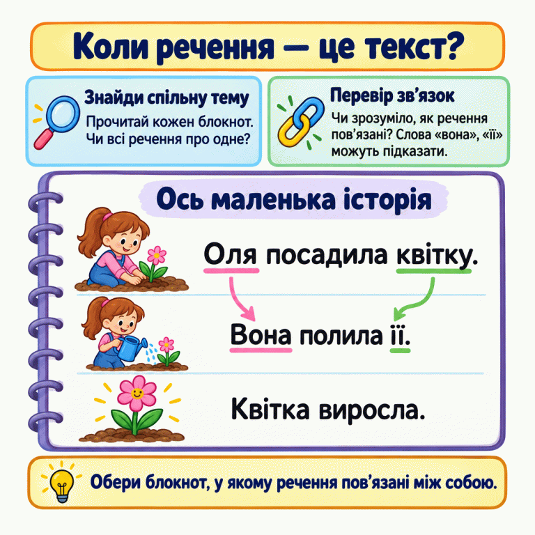 Картка пояснює, як знайти зв’язний текст: прочитати речення, знайти спільну тему й перевірити зв’язок між ними. У блокноті наведено історію про Олю, яка посадила й полила квітку, а квітка виросла. Коли речення — це текст? Знайди спільну тему: Прочитай кожен блокнот. Чи всі речення про одне? Перевір зв’язок: Чи зрозуміло, як речення пов’язані? Слова «вона», «її» можуть підказати. Ось маленька історія: Оля посадила квітку.
Вона полила її.
Квітка виросла. Обери блокнот, у якому речення пов’язані між собою.