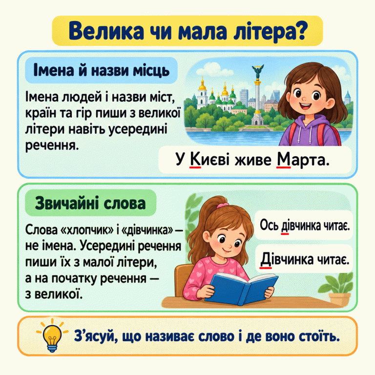 Картка пояснює написання слів у реченні. У прикладі «У Києві живе Марта.» назва міста й ім’я починаються з великих літер. У реченнях «Ось дівчинка читає.» і «Дівчинка читає.» те саме звичайне слово починається відповідно з малої літери всередині речення та з великої на його початку. Велика чи мала літера? Імена й назви місць: Імена людей і назви міст, країн та гір пиши з великої літери навіть усередині речення. Звичайні слова: Слова «хлопчик» і «дівчинка» — не імена. Усередині речення пиши їх з малої літери, а на початку речення — з великої. З’ясуй, що називає слово і де воно стоїть. У Києві живе Марта. Ось дівчинка читає. Дівчинка читає.