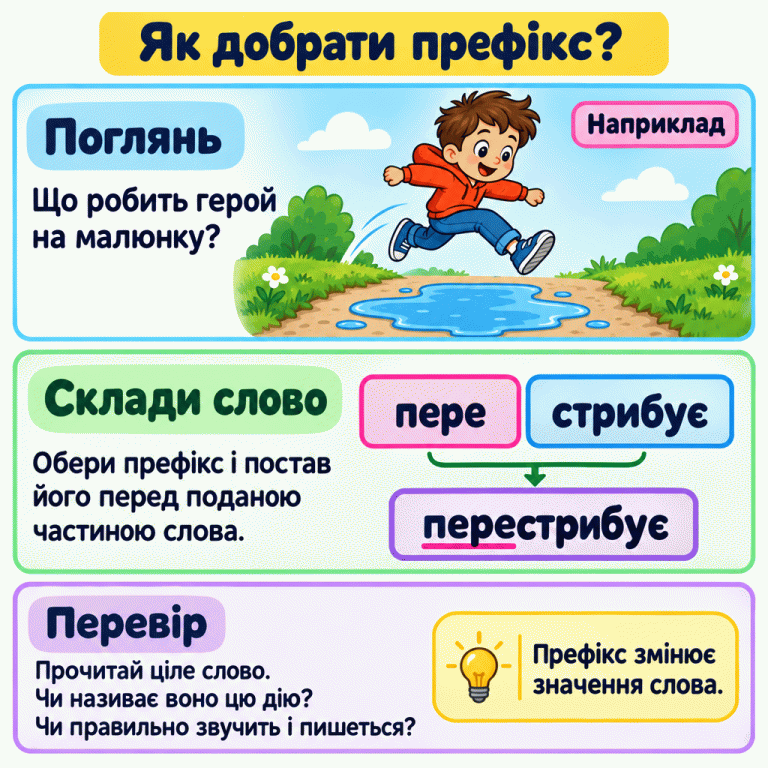 Дитина перестрибує калюжу. Навчальний приклад показує: «пере» стоїть перед «стрибує» й утворює «перестрибує». Картка радить назвати дію, скласти слово та перевірити його. Як добрати префікс? Поглянь: Що робить герой на малюнку? Склади слово: Обери префікс і постав його перед поданою частиною слова. Перевір: Прочитай ціле слово. Чи називає воно цю дію? Чи правильно звучить і пишеться? Префікс змінює значення слова. Наприклад пере стрибує перестрибує