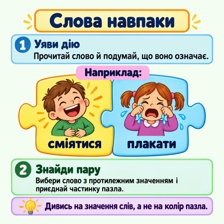 Пояснення про слова з протилежним значенням. На двох частинках пазла подано приклад: «сміятися» біля дитини, яка сміється, і «плакати» біля дитини, яка плаче. Підказка радить обирати слово за значенням, а не за кольором пазла. Слова навпаки Уяви дію: Прочитай слово й подумай, що воно означає. Знайди пару: Вибери слово з протилежним значенням і приєднай частинку пазла. Дивись на значення слів, а не на колір пазла. Наприклад: сміятися плакати 1 2