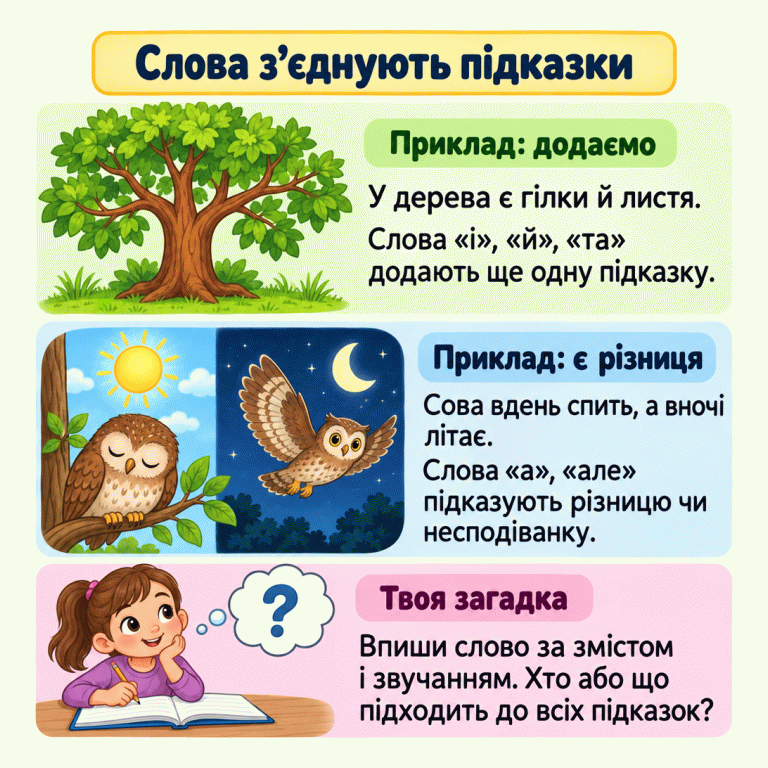Два приклади до загадок: дерево має гілки й листя — підказки додаються; сова вдень спить, а вночі літає — підказки різняться. Унизу порада добрати слово й перевірити відгадку за всіма підказками. Слова з’єднують підказки Приклад: додаємо: У дерева є гілки й листя. Слова «і», «й», «та» додають ще одну підказку. Приклад: є різниця: Сова вдень спить, а вночі літає. Слова «а», «але» підказують різницю чи несподіванку. Твоя загадка: Впиши слово за змістом і звучанням. Хто або що підходить до всіх підказок? ?