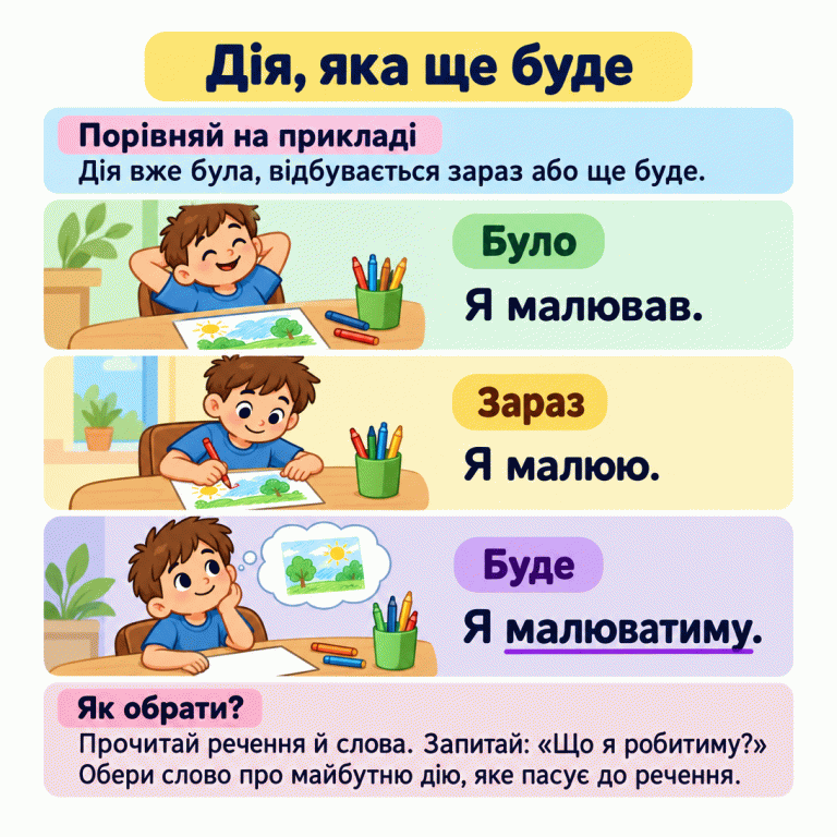 Хлопчик уже малював, малює зараз і лише збирається малювати. Поруч — речення «Я малював.», «Я малюю.», «Я малюватиму.». Картка радить запитати «Що я робитиму?» і вибрати слово, яке пасує до речення. Дія, яка ще буде Порівняй на прикладі: Дія вже була, відбувається зараз або ще буде. Як обрати?: Прочитай речення й слова. Запитай: «Що я робитиму?» Обери слово про майбутню дію, яке пасує до речення. Було Я малював. Зараз Я малюю. Буде Я малюватиму.