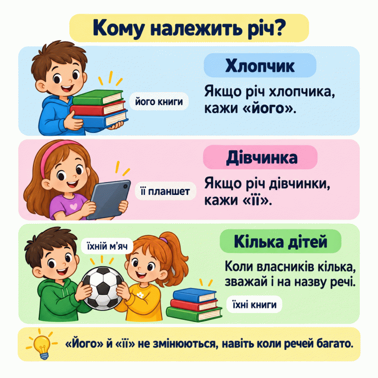 Хлопчик із кількома книгами: «його книги». Дівчинка з планшетом: «її планшет». Двоє дітей зі спільним м’ячем і книгами: «їхній м’яч», «їхні книги». Спочатку визнач власника, а для спільних речей зважай і на назву предмета. Кому належить річ? Хлопчик: Якщо річ хлопчика, кажи «його». Дівчинка: Якщо річ дівчинки, кажи «її». Кілька дітей: Коли власників кілька, зважай і на назву речі. «Його» й «її» не змінюються, навіть коли речей багато. його книги її планшет їхній м’яч їхні книги