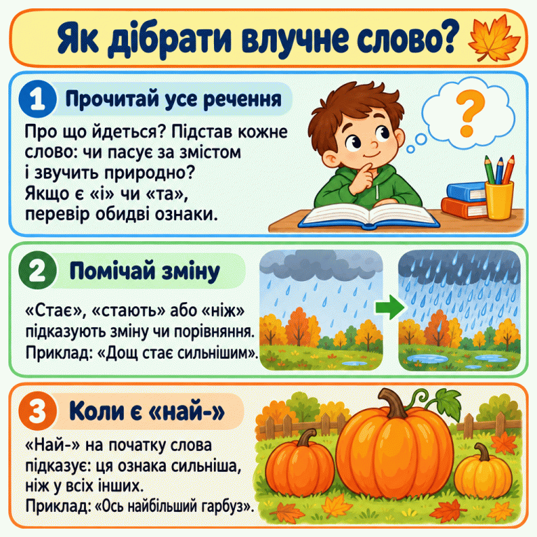 Картка пояснює, як перевіряти слово в цілому реченні. Легкий дощ стає ряснішим; серед кількох гарбузів один найбільший. Текст поруч пояснює зміну ознаки та значення «най-». Як дібрати влучне слово? Прочитай усе речення: Про що йдеться? Підстав кожне слово: чи пасує за змістом і звучить природно? Якщо є «і» чи «та», перевір обидві ознаки. Помічай зміну: «Стає», «стають» або «ніж» підказують зміну чи порівняння. Приклад: «Дощ стає сильнішим». Коли є «най-»: «Най-» на початку слова підказує: ця ознака сильніша, ніж у всіх інших. Приклад: «Ось найбільший гарбуз». 1 ? 2 3