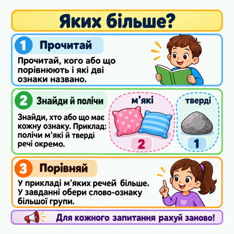 Картка пояснює, як знайти дві ознаки, окремо полічити групи й обрати більшу. У прикладі — дві м’які подушки з числом 2 та один твердий камінь із числом 1. М’яких речей більше лише в цьому прикладі. Яких більше? Прочитай: Прочитай, кого або що порівнюють і які дві ознаки названо. Знайди й полічи: Знайди, хто або що має кожну ознаку. Приклад: полічи м’які й тверді речі окремо. Порівняй: У прикладі м’яких речей більше. У завданні обери слово-ознаку більшої групи. Для кожного запитання рахуй заново! м’які тверді 2 1 1 2 3