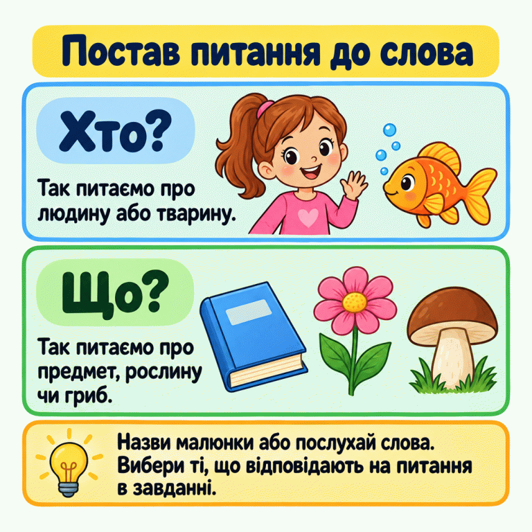 Картка «Постав питання до слова». Біля «Хто?» зображені дівчинка й рибка: так питаємо про людину або тварину. Біля «Що?» — книжка, квітка й гриб: так питаємо про предмет, рослину чи гриб. Унизу порада назвати малюнки або послухати слова й вибрати ті, що відповідають на питання в завданні. Постав питання до слова Хто?: Так питаємо про людину або тварину. Що?: Так питаємо про предмет, рослину чи гриб. Назви малюнки або послухай слова. Вибери ті, що відповідають на питання в завданні.
