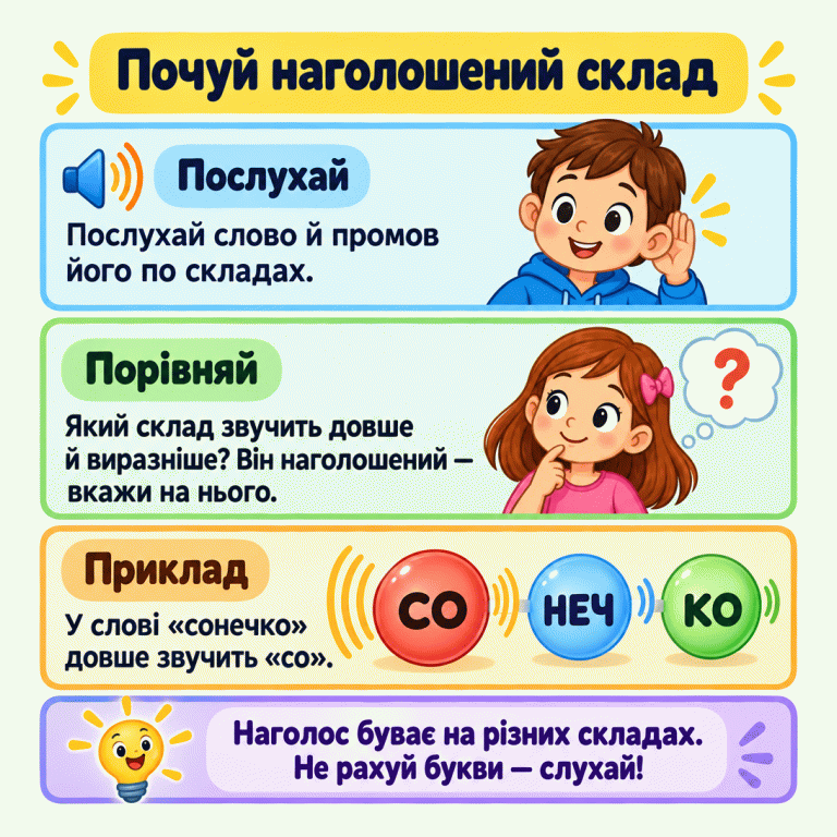 Картка радить послухати слово, промовити його по складах і знайти склад, що звучить довше й виразніше. У прикладі «сонечко» показано склади «СО», «НЕЧ», «КО»; біля «СО» звукова хвиля довша. Наголос визначають на слух, а не за кількістю букв. Почуй наголошений склад Послухай: Послухай слово й промов його по складах. Порівняй: Який склад звучить довше й виразніше? Він наголошений — вкажи на нього. Приклад: У слові «сонечко» довше звучить «со». Наголос буває на різних складах. Не рахуй букви — слухай! СО НЕЧ КО ?
