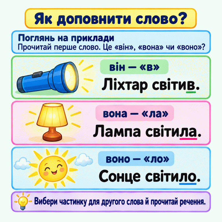 Три приклади підказують, як доповнити друге слово: ліхтар світив — «він», «в»; лампа світила — «вона», «ла»; сонце світило — «воно», «ло». Додані літери підкреслено. Як доповнити слово? Поглянь на приклади: Прочитай перше слово. Це «він», «вона» чи «воно»? Вибери частинку для другого слова й прочитай речення. він — «в» Ліхтар світив. вона — «ла» Лампа світила. воно — «ло» Сонце світило.