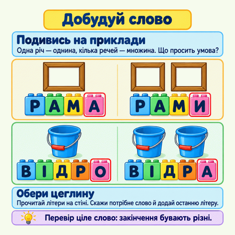 Дві пари слів на цеглинках: біля однієї рами — «РАМА», біля двох — «РАМИ»; біля одного відра — «ВІДРО», біля двох — «ВІДРА». Остання літера кожного слова стоїть на окремій цеглині. Картка радить з’ясувати, чи потрібна однина або множина, і перевірити ціле слово. Добудуй слово Подивись на приклади: Одна річ — однина, кілька речей — множина. Що просить умова? Обери цеглину: Прочитай літери на стіні. Скажи потрібне слово й додай останню літеру. Перевір ціле слово: закінчення бувають різні. РАМА РАМИ ВІДРО ВІДРА
