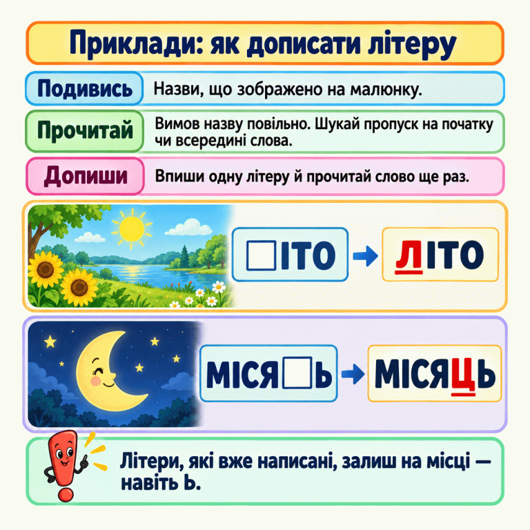 Картка вчить назвати зображене, прочитати слово з пропуском і дописати одну літеру. Біля літнього краєвиду «□ІТО» стає «ЛІТО». Біля місяця «МІСЯ□Ь» стає «МІСЯЦЬ»: уже написаний м’який знак залишається на місці. Приклади: як дописати літеру Подивись: Назви, що зображено на малюнку. Прочитай: Вимов назву повільно. Шукай пропуск на початку чи всередині слова. Допиши: Впиши одну літеру й прочитай слово ще раз. Літери, які вже написані, залиш на місці — навіть Ь. □ІТО ЛІТО МІСЯ□Ь МІСЯЦЬ