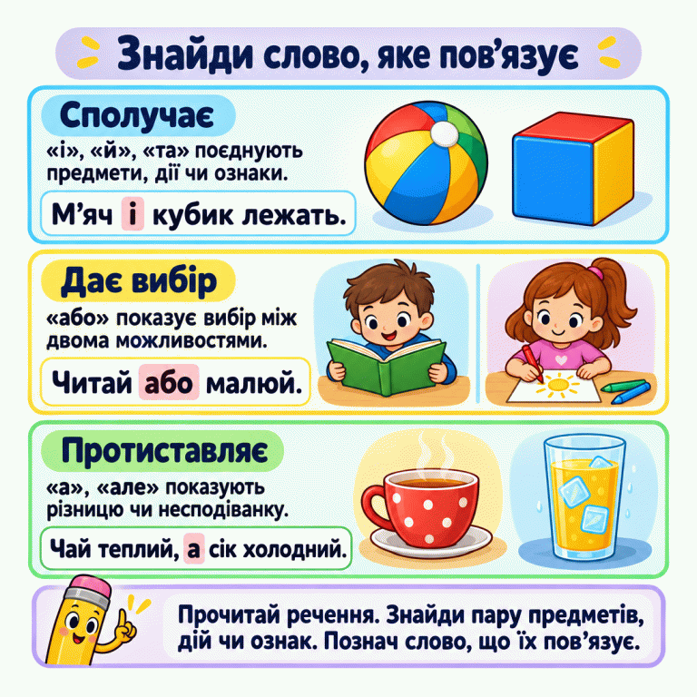 Картка пояснює, як знайти коротке слово, що пов’язує частини речення. «І», «й», «та» поєднують предмети, дії чи ознаки; «або» показує вибір; «а», «але» — різницю чи несподіванку. Приклади з виділеними словами: «М’яч і кубик лежать.», «Читай або малюй.», «Чай теплий, а сік холодний.». Малюнки показують відповідні предмети, дві можливі дії та теплий і холодний напої. Знайди слово, яке пов’язує Сполучає: «і», «й», «та» поєднують предмети, дії чи ознаки. Дає вибір: «або» показує вибір між двома можливостями. Протиставляє: «а», «але» показують різницю чи несподіванку. Прочитай речення. Знайди пару предметів, дій чи ознак. Познач слово, що їх пов’язує. М’яч і кубик лежать. Читай або малюй. Чай теплий, а сік холодний.