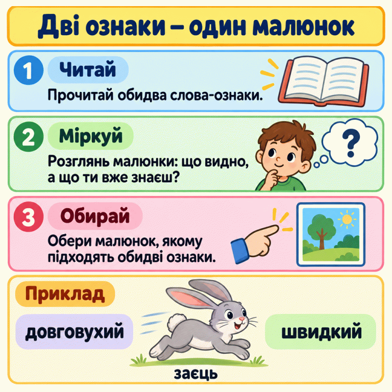 Прочитай дві ознаки, подумай, що видно й що ти знаєш, і обери малюнок, якому підходять обидві. Приклад: довговухий і швидкий заєць. Дві ознаки — один малюнок Читай: Прочитай обидва слова-ознаки. Міркуй: Розглянь малюнки: що видно, а що ти вже знаєш? Обирай: Обери малюнок, якому підходять обидві ознаки. Приклад довговухий швидкий заєць 1 2 ? 3