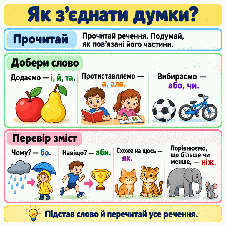 Картка пояснює: спершу прочитай речення й визнач зв’язок між його частинами. Короткі підказки з малюнками допомагають розрізнити додавання, протиставлення, вибір, причину, мету, схожість і порівняння. Унизу нагадування перечитати речення з підставленим словом. Як з’єднати думки? Прочитай: Прочитай речення. Подумай, як пов’язані його частини. Добери слово: Додаємо — і, й, та. Протиставляємо — а, але. Вибираємо — або, чи. Перевір зміст: Чому? — бо. Навіщо? — аби. Схоже на щось — як. Порівнюємо, що більше чи менше, — ніж. Підстав слово й перечитай усе речення.